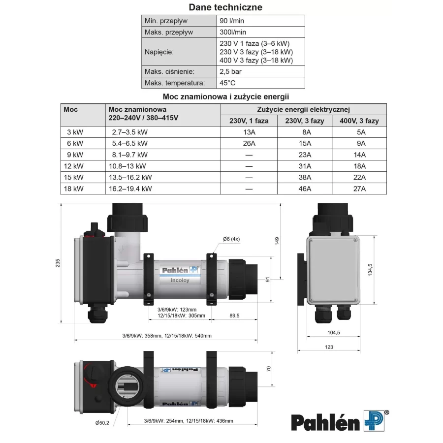 Grzałka elektryczna basenowa AQUA COMPACT 9KW  Pahlen